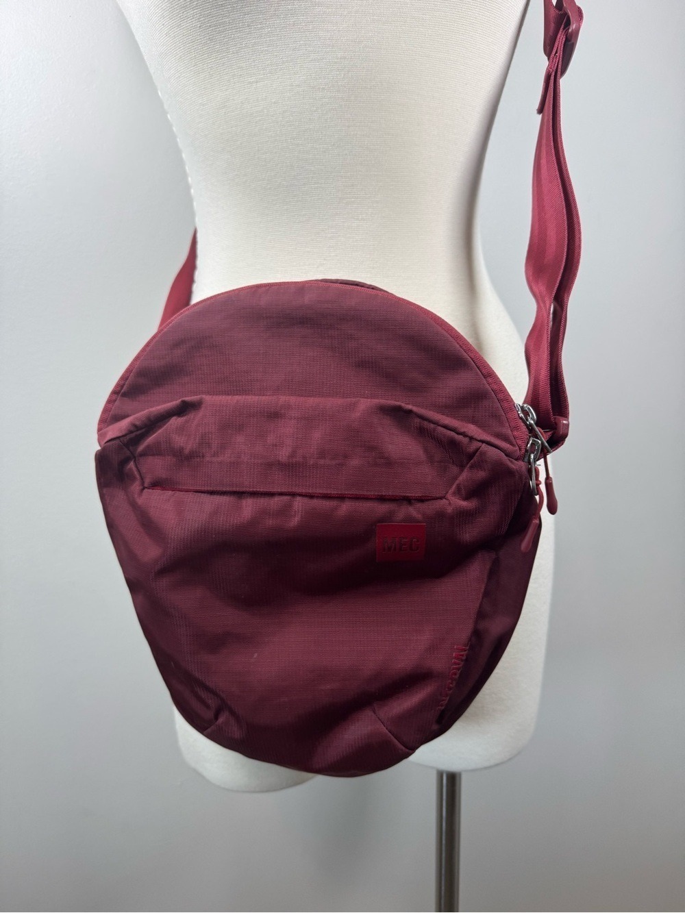 Circular Burgundy Crossbody Bag with Front Zip Pocket - Picture 2 of 8